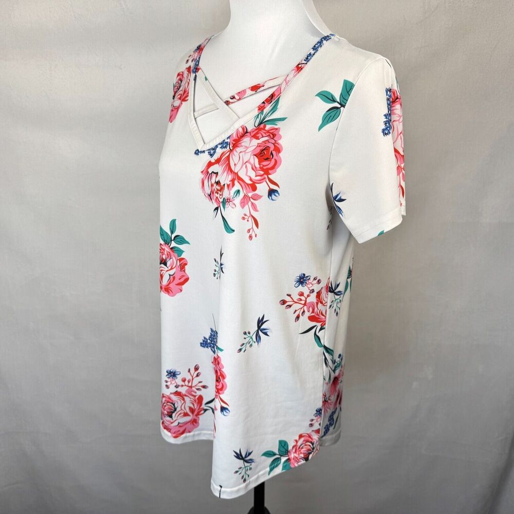 Tickled Women Sz L Dusty White Floral Tunic Short Sleeve Strappy Front Neckline - Picture 3 of 7